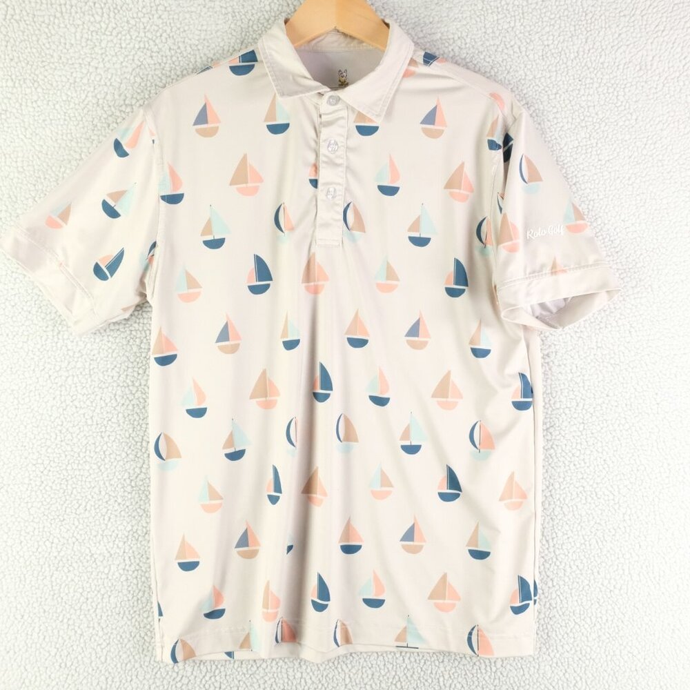 Rolo Golf Polo Mens Medium Beige Sailboat All Over Print Golf Performance